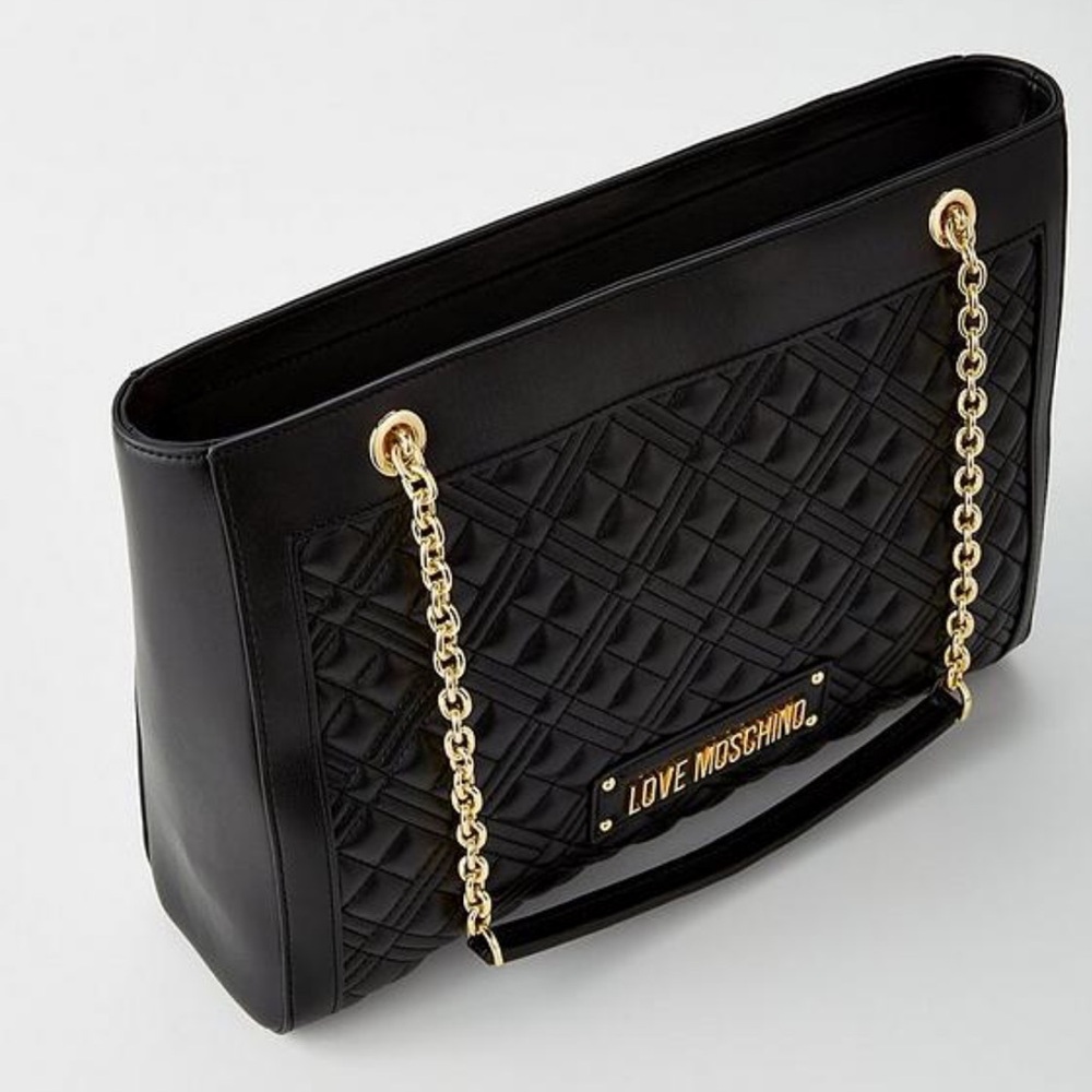 NWT Love Moschino Black Quilted Borsa Shoulder Tote in Black and Gold - Picture 10 of 15